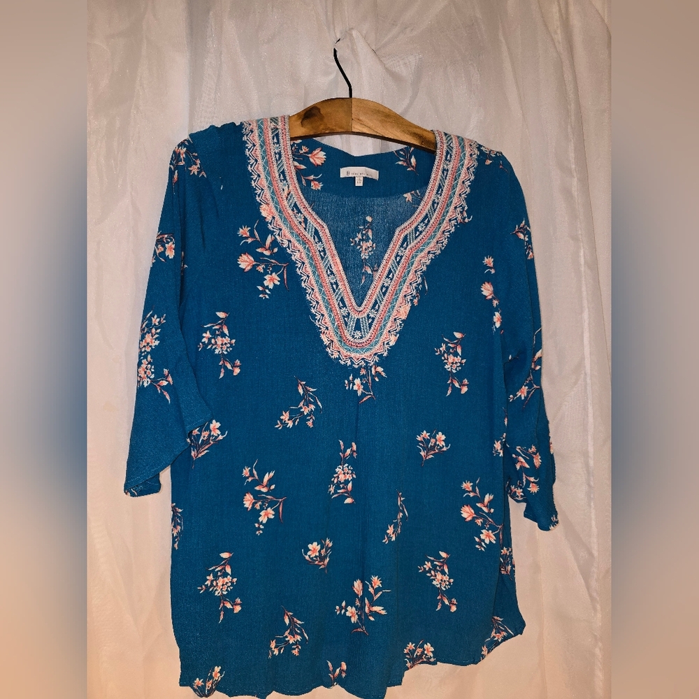 Floral Embroidered Blue Prairie Cottagecore Flowy Top Coastal Hippie